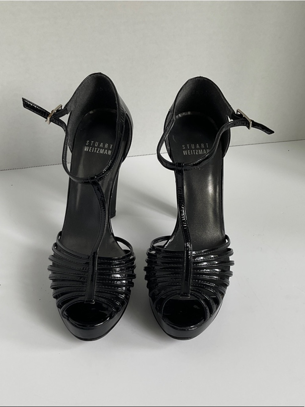 Stuart Weitzman Black Patent T-Strap Strappy Platform Sandals